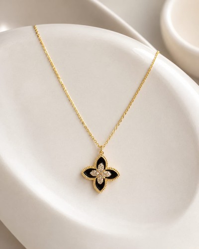 Collana dorata fiore nero - dorata, con